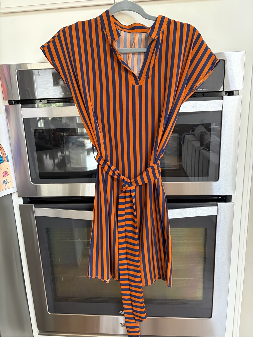SHEIN Orange and Navy Striped Midi Dress with Tie Waist